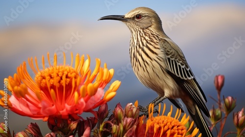 the male Cape Sugarbird atop a Pin-Cushion flower photo
