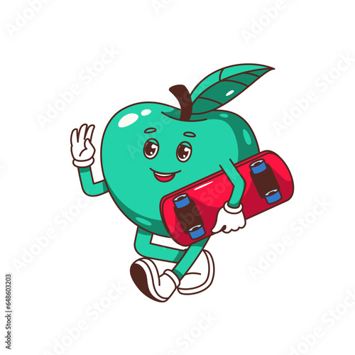 Groovy green apple character with skateboard vector illustration. Cartoon isolated cute Y2K fruit mascot walking to skate, comic apple skater with legs and arms, funny face expression and smile
