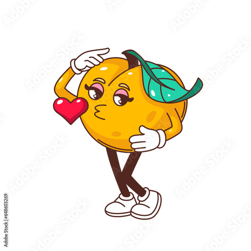 Groovy peach character vector illustration. Cartoon isolated Y2K comic tropical sweet fruit mascot with love kiss, funny kawaii peach emoji blows heart with romantic expression, happy emoticon