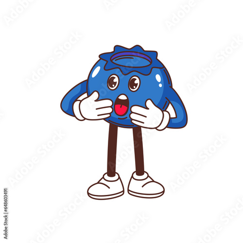 Groovy excited blueberry character vector illustration. Cartoon isolated Y2K mascot with unbelievable fear expression, cute funny blueberry fruit emoji with mouth open from unexpected surprise