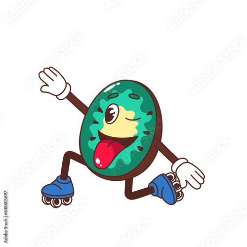 Groovy happy kiwi character vector illustration. Cartoon isolated Y2K funny skater fruit mascot roller skating, cute half slice of kiwi with skates, legs and arms, crazy tongue and smile on funky face