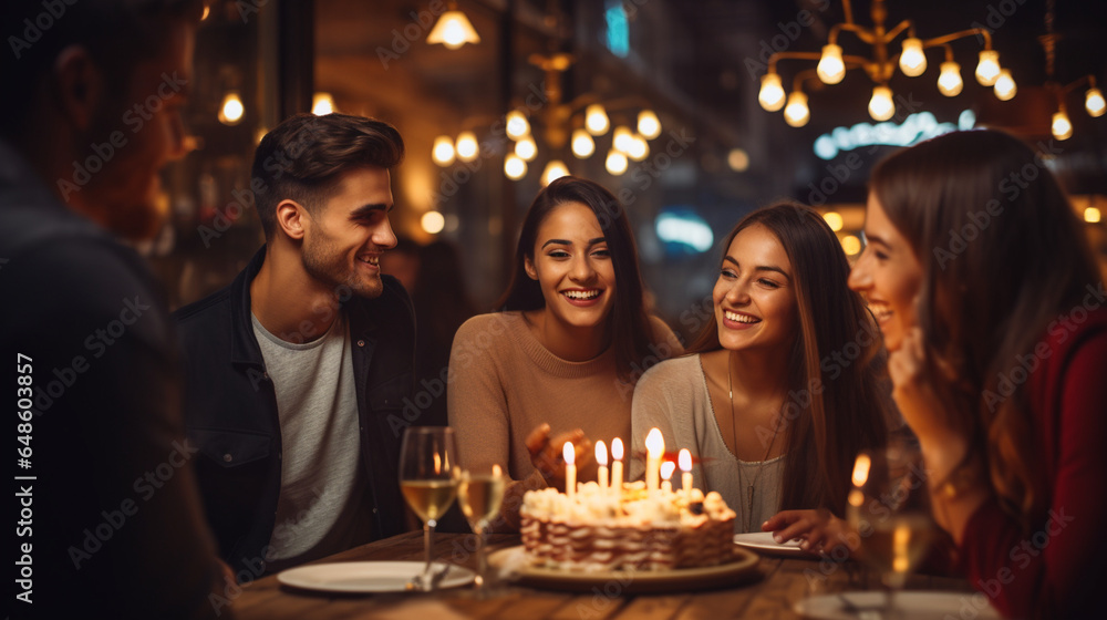 Friends Celebrating with a Birthday Cake Surrounded by Restaurant Ambiance , meeting friends at a restaurant, bokeh