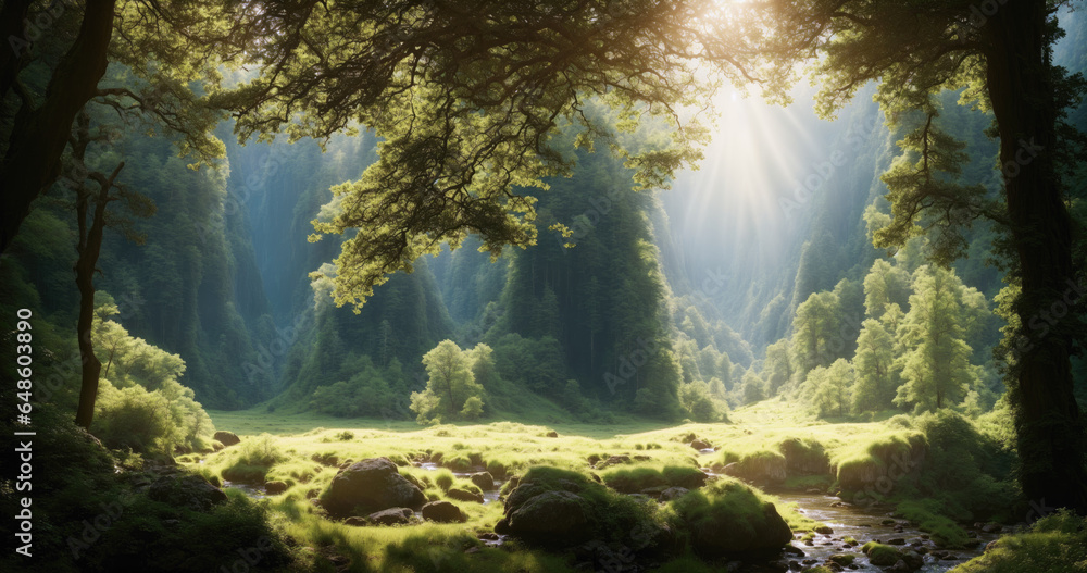 Sunshine over a serene meadow with a creek in the valley.. Sunshine over a serene meadow with a creek in the valley..