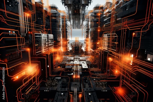 An intricate circuit board with numerous wires and structures, accompanied by a backdrop of vibrant orange lights, black and white lines. Generative AI