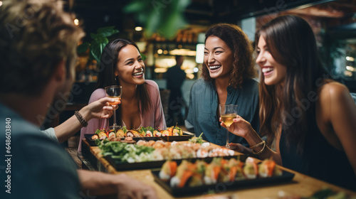Friends Enjoying Sushi Rolls and Cocktails at a Stylish Japanese Restaurant , meeting friends at a restaurant, bokeh photo