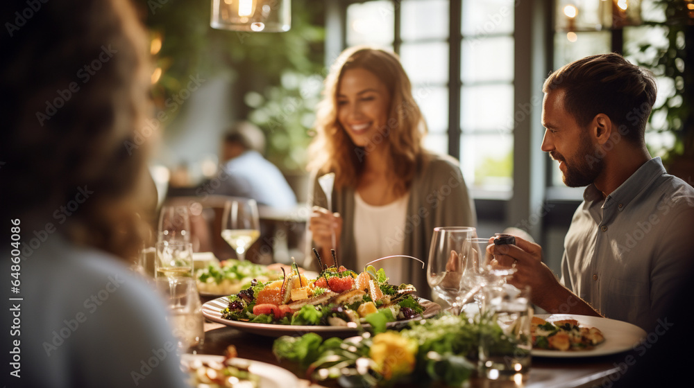 Group of Friends Indulging in Fine Dining with Exquisite Plated Dishes , meeting friends at a restaurant, bokeh