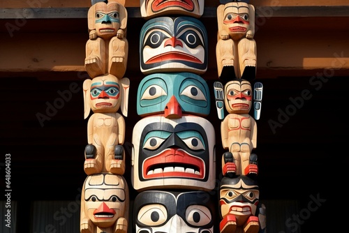 Alaskan totem pole made of wood, with cutout shapes. Generative AI