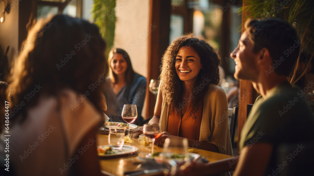 Friends Exploring Exotic Flavors at an Authentic Ethnic Restaurant , meeting friends at a restaurant, bokeh