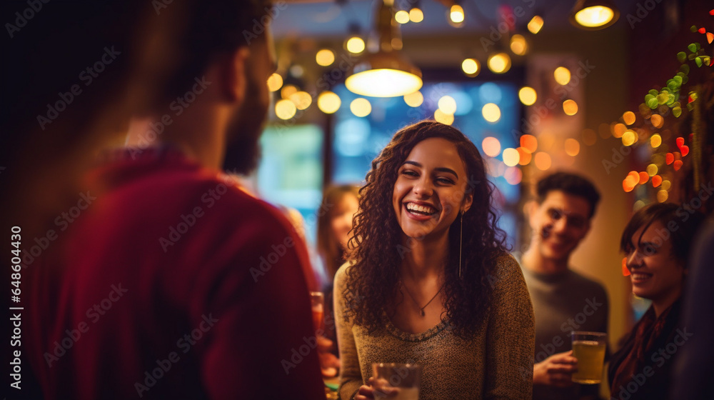 Friends Enjoying Live Music and Dancing at a Vibrant Restaurant Lounge , meeting friends at a restaurant, bokeh