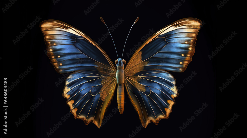 Beautiful transparent golden and dark blue butterfly flying just above golden dark blue flowers on isolated dark blue background. Generative AI.