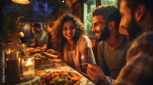 Fototapeta Naklejka Na Ścianę i Meble -  Friends Exploring Exotic Flavors at an Authentic Ethnic Restaurant , meeting friends at a restaurant, bokeh