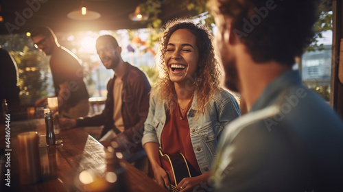 Friends Enjoying Live Music and Dancing at a Vibrant Restaurant Lounge   meeting friends at a restaurant  bokeh
