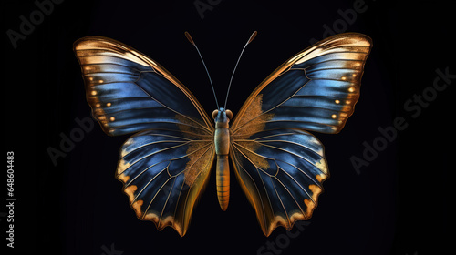 Beautiful transparent golden and dark blue butterfly flying just above golden dark blue flowers on isolated dark blue background. Generative AI. © kantaria