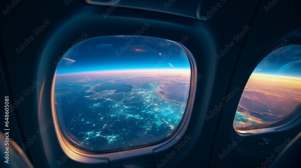 The window of the airplane offers a stunning sight of the lights of earth