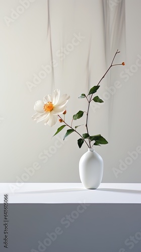 Minimalist flower photo on a modernly decorated table, generated by AI photo