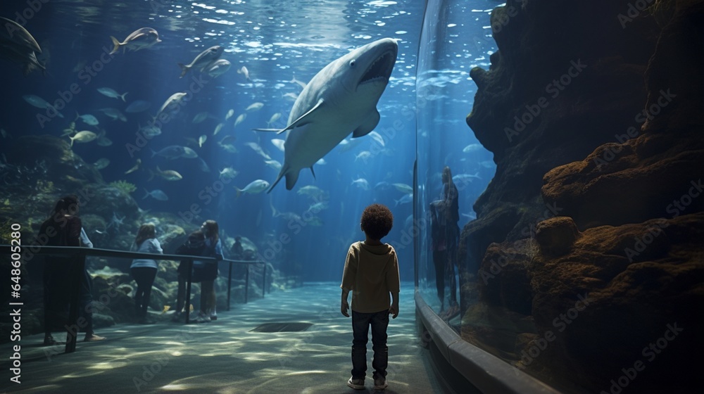 Obraz na płótnie The young boy's back is to the camera as he watches a giant fish in the oceanarium w salonie