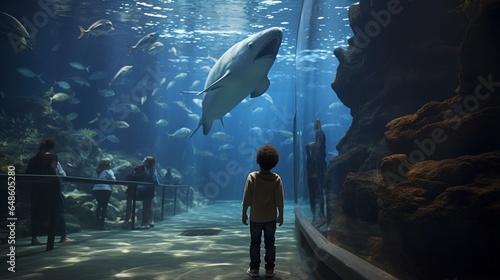 The young boy's back is to the camera as he watches a giant fish in the oceanarium
