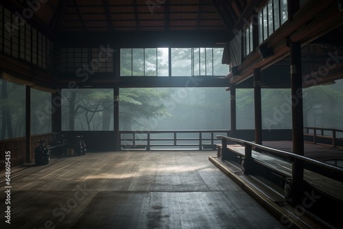A misty traditional Japanese training hall. Generative AI