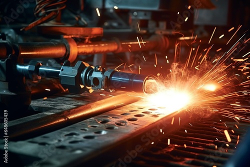 Bright welding torch heats metal in workshop. Generative AI