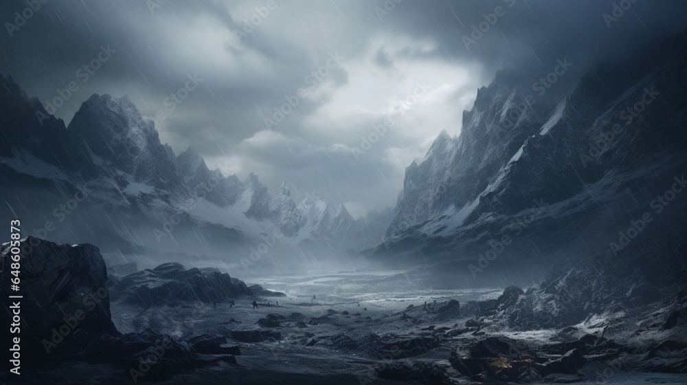 Through the foggy weather, the cave frames a panoramic view of the snow-capped peaks