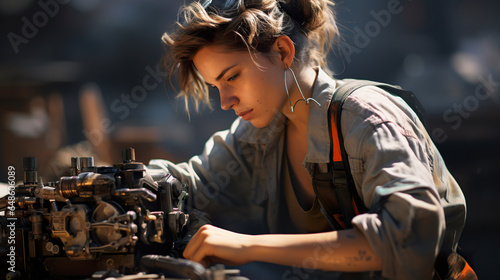 A qualified technician in a factory diligently operates a metal drill. Woman working with attention and care in an industrial environment. Essential woman in production and engineering performance. photo