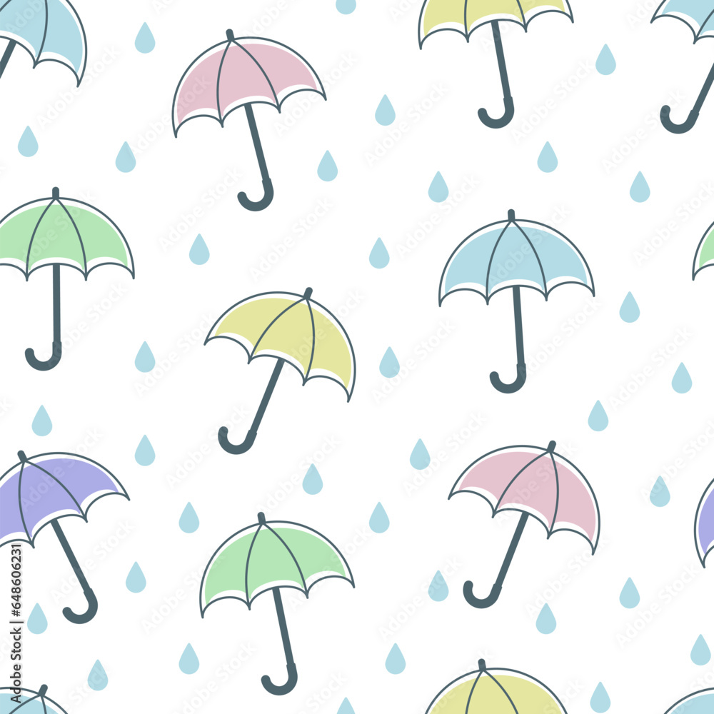 Multicolored umbrellas and raindrops vector seamless pattern