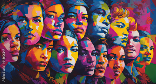 Pop art-inspired hyper-realistic portrait of a Diverse group of people. Confidence vivid colors and intricate details for a visually stunning group of people. Art. Generative AI.