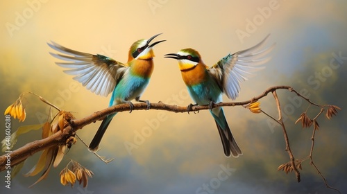 Two bee-eaters are perched on a branch, while another bee-eater lands with wings outstretched