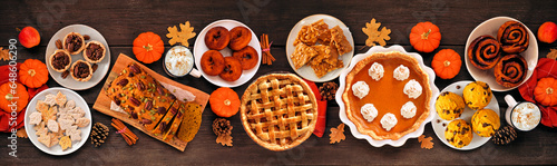 Autumn desserts table scene with a variety of traditional fall sweet treats. Top down view over a rustic wood banner background. Pumpkin and apple pies, apple cider donuts, muffins, cookies, tarts.