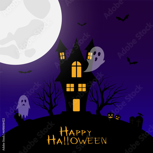 Halloween illustration with scary house, ghosts and moon