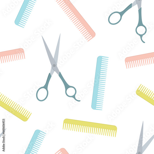 Hair cutting scissors and comb hairdressing vector seamless pattern