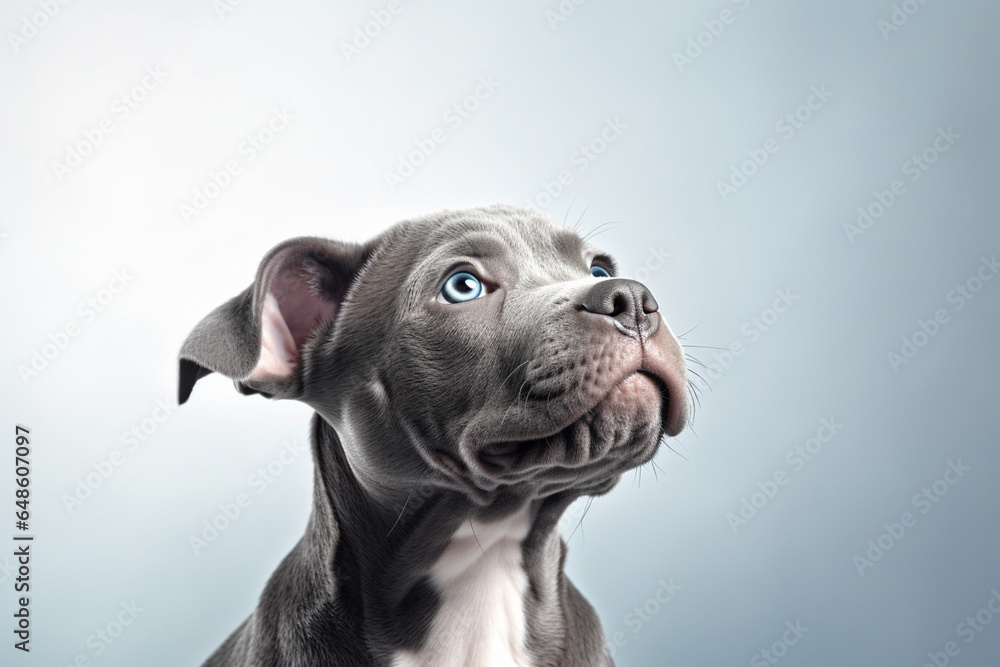 Adorable grey blue eyed Pitbull puppy portrait. Unconditional love and loyalty concept. Digital Ai