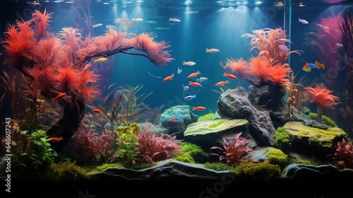 Within the freshwater aquarium  an enchanting world unfolds  showcasing vibrant plants and a thriving fish community
