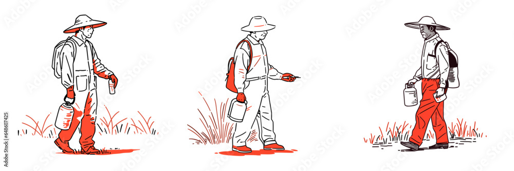 farmer using organic herbicides in minimalistic, black and red line work, japan web vector illustration