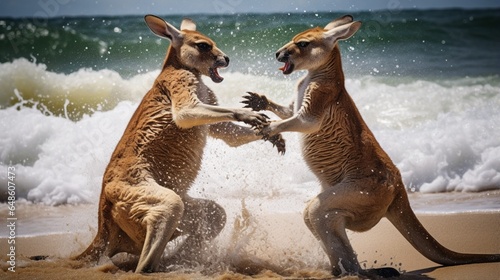 Witness a beautiful close-up of two kangroo fighting on the shore