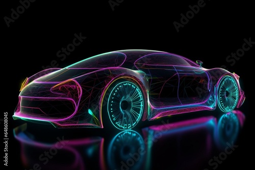 Futuristic car with neon contours. Generative AI © Genevieve