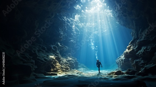 Exploring the ocean's breathtaking blue caves, a diver dives into the underwater world