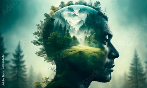 Double exposure effect of man blended with nature. Abstract man profile in green woods