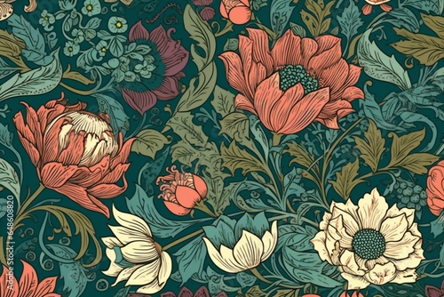 Retro floral pattern with vibrant flowers and leafy decorations reminiscent of William Morris. Generative AI