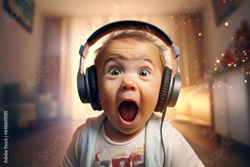 Blond-Curled Baby Wearing Headphones, Undergoing a Hearing Test, Expressing Astonishment, as an Ear Doctor Monitors Noise Levels and Volume, Ensuring Auditory Health and Diagnosis
