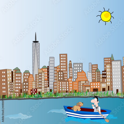 Paisaje de Manhattan con río y  hombre montado en barca.