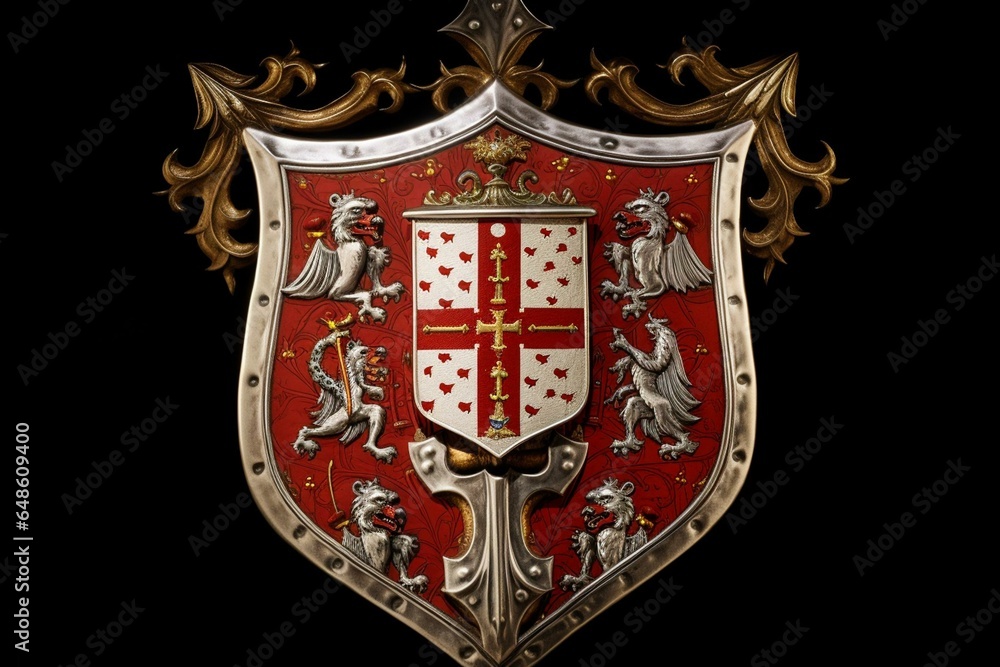 Emblem displaying a shield adorned with the insignia of the knights templar and a banner. Generative AI - obrazy, fototapety, plakaty 