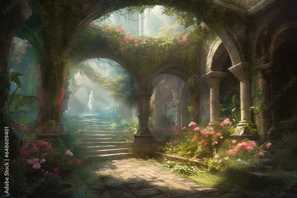 An enchanting hidden garden adorned with floral arches and lush foliage. A captivating digital painting backdrop. Generative AI