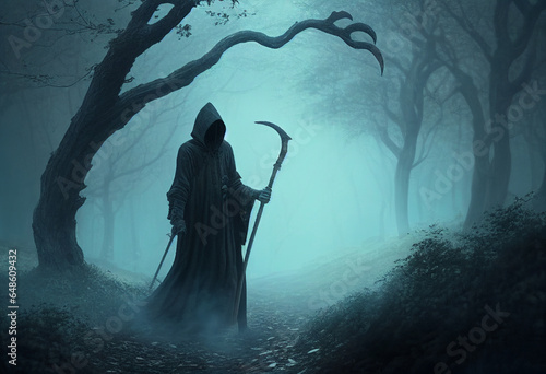 Death with a scythe in a foggy forest. AI Generated photo
