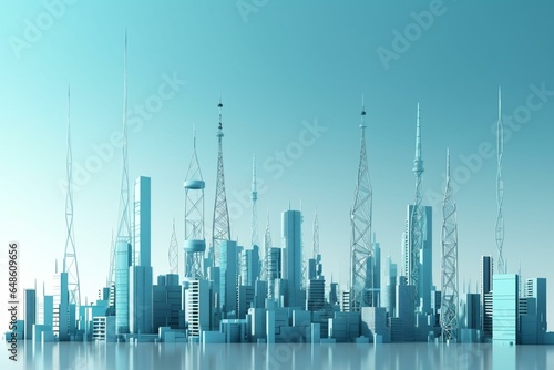 Art of city with blue skyscrapers and 5G towers on a light blue sky. Generative AI