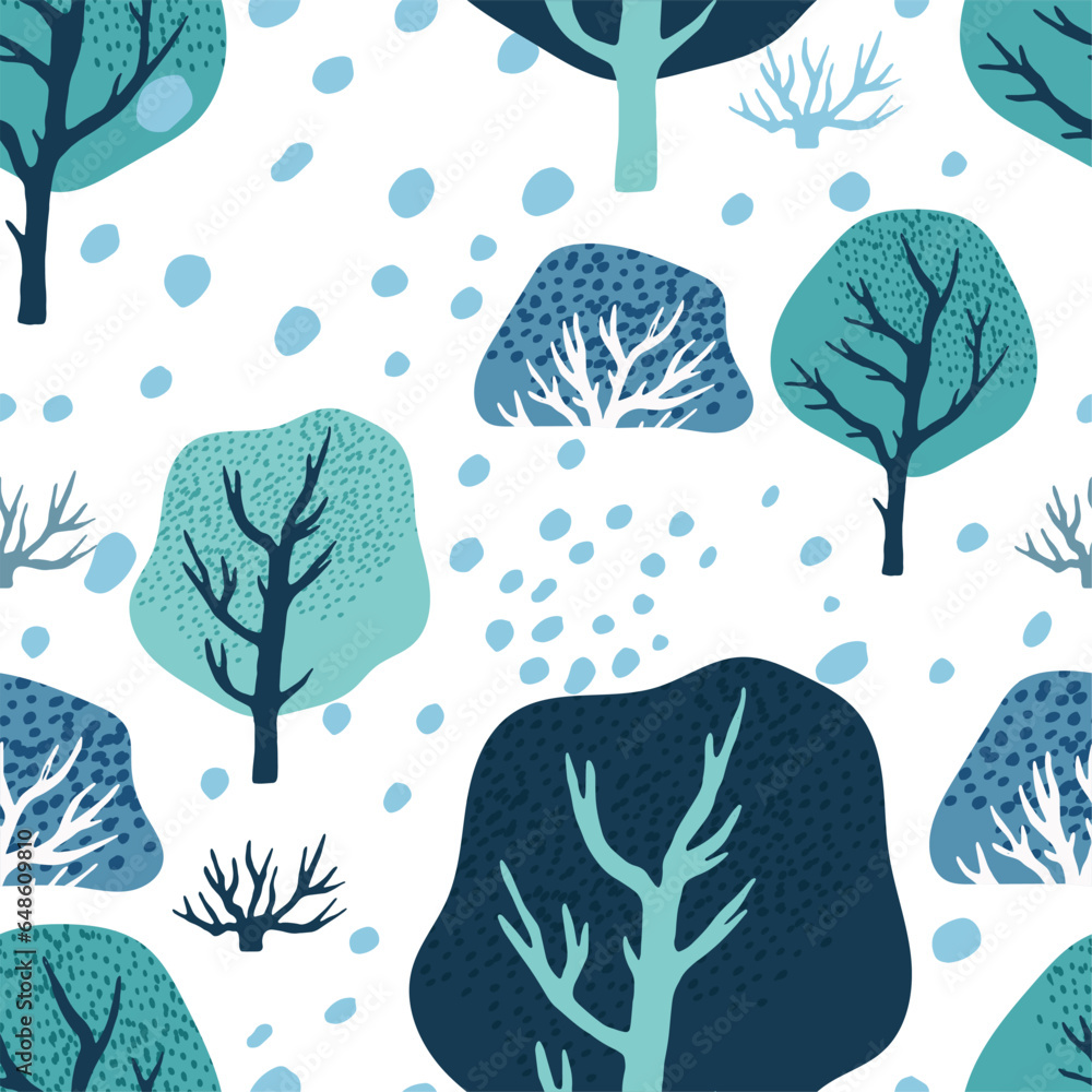 Naklejka premium Cute Winter Trees with Bush Vector Seamless Pattern