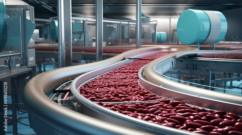 In a factory, an automated production line for bean-derived foods utilizes conveyor belt equipment, showcasing the industrial food production