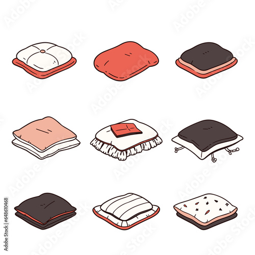 Cushions set of vector icons in minimalistic, black and red line work, japan web, icons pack