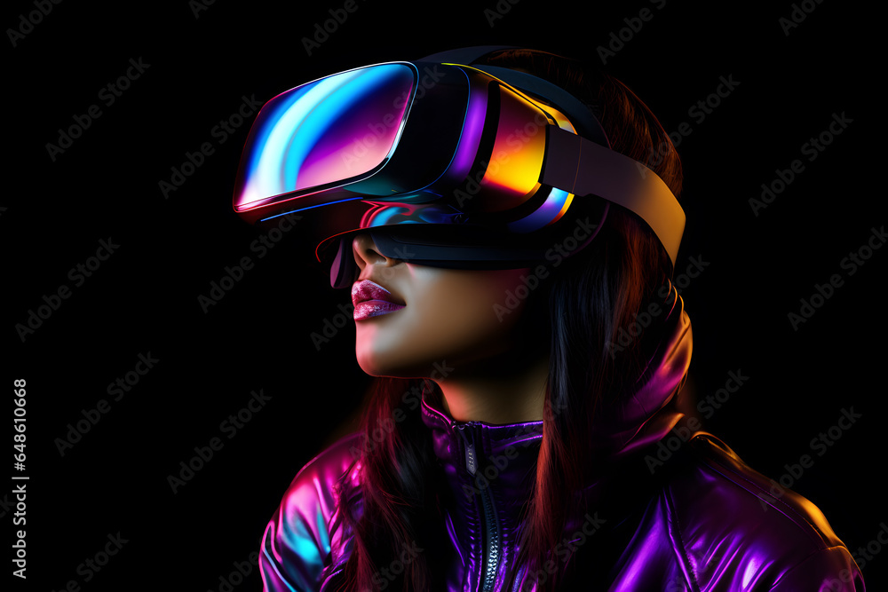 Young woman with a MR headset and experiencing mixed reality simulation Young woman with a MR headset and experiencing mixed reality simulation