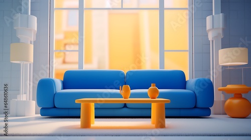 Two Blue Sofas, a Blue Table, and a Sofa Couch by a Window: Petcore Style, White, Amber, Functional Design, Toy-Like Proportions, Cartelcore, Light White, Black, 3D Render, Interior Design photo